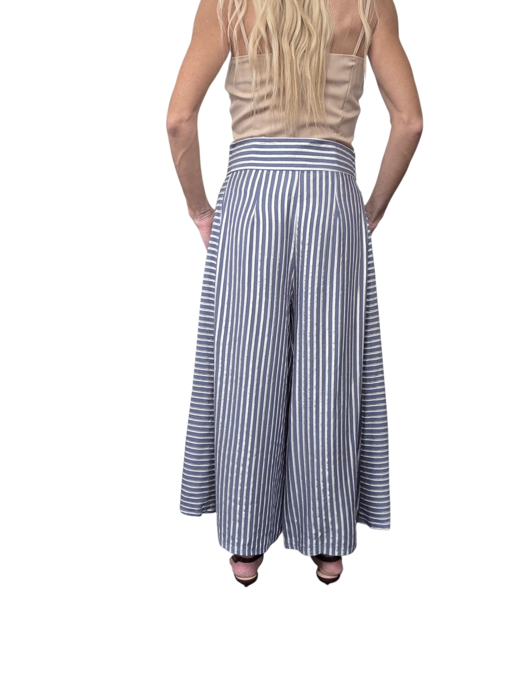 Eva Franco Striped Wide Leg Crop Pants Gold Lurex Tie Waist 6 - Picture 4 of 12
